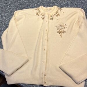 Vintage woman’s cream cardigan sweater.  Beading embroidery- Small